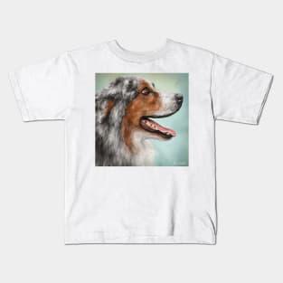 Painting of a Gorgeous Enthusiastic Australian Shepherd with Open Mouth from the Side. Kids T-Shirt